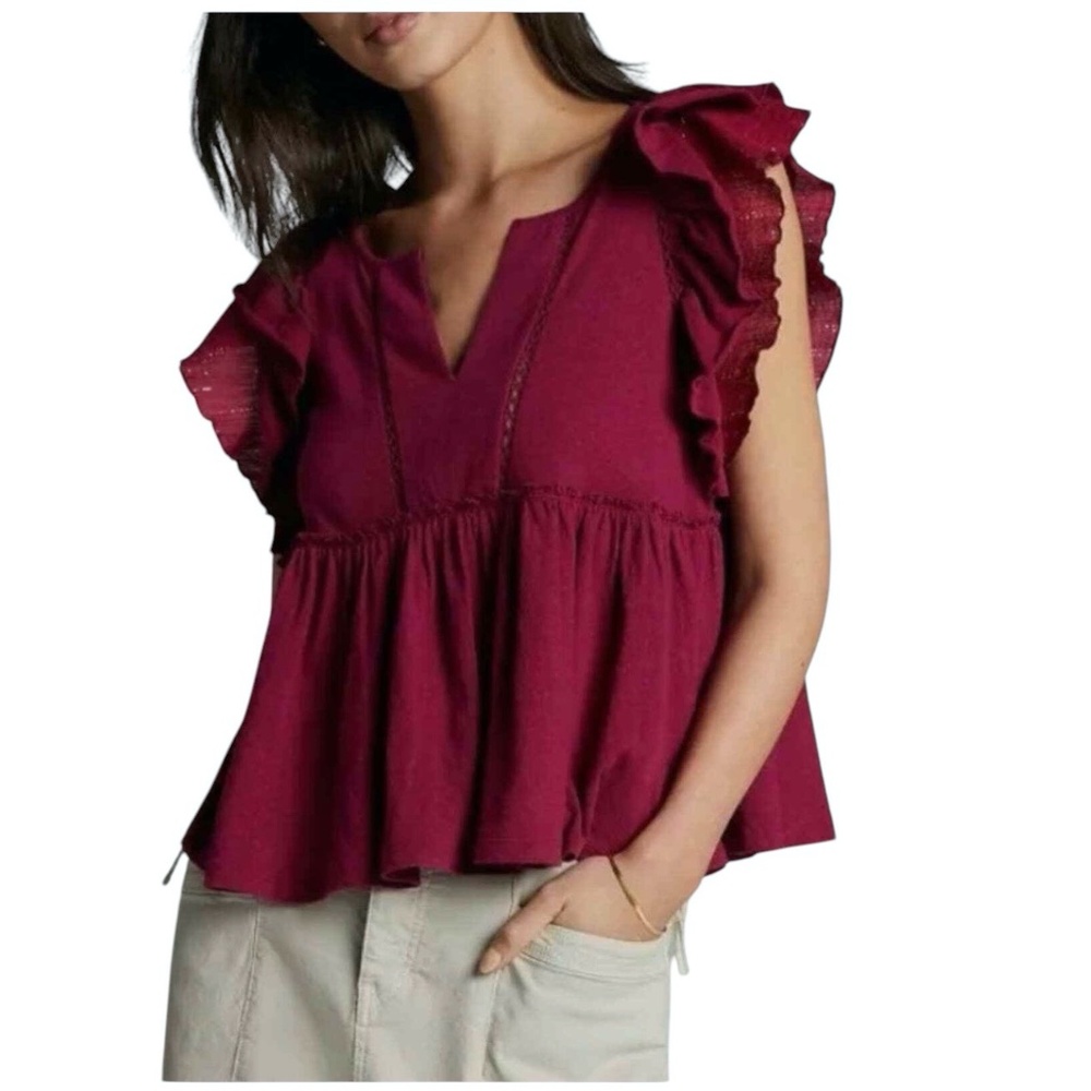 ANTHROPOLOGIE RASPBERRY PINK CAROLINE RUFFLED BABYDOLL TOP